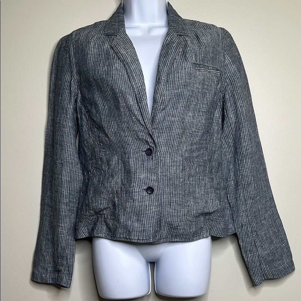Eileen Fisher Navy Blue White Striped Linen Single Breasted Blazer Size Small
